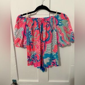 Lilly Pulitzer Sain off-the-shoulder top in the "Coral Reef I'm So Jelly"